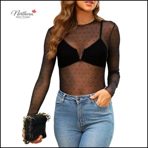 Mesh Sheer Long Sleeve Lace Top Mock Neck Layering Blouse - Picture 3 of 4